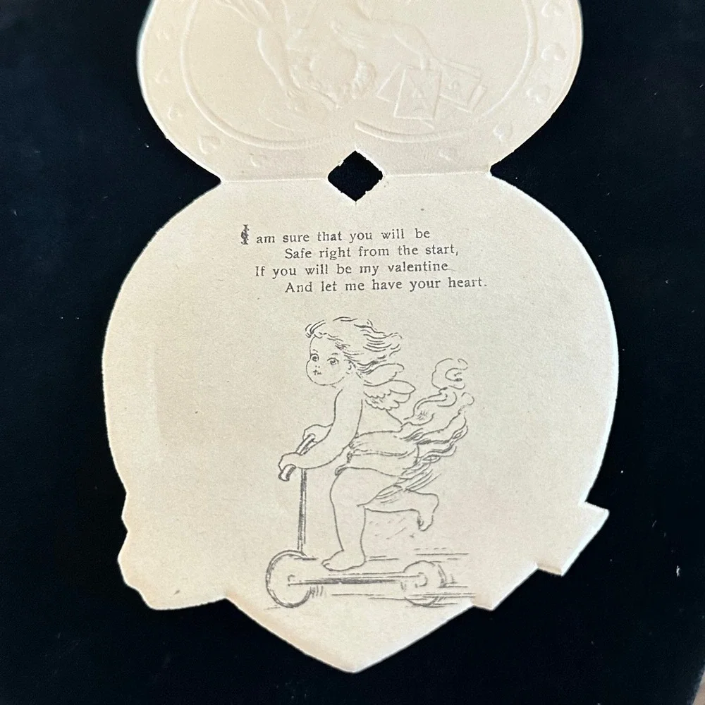 Antique 1925 Valentines Day Paper Card Cupid Hearts Mail Bag of Cards Die Cut